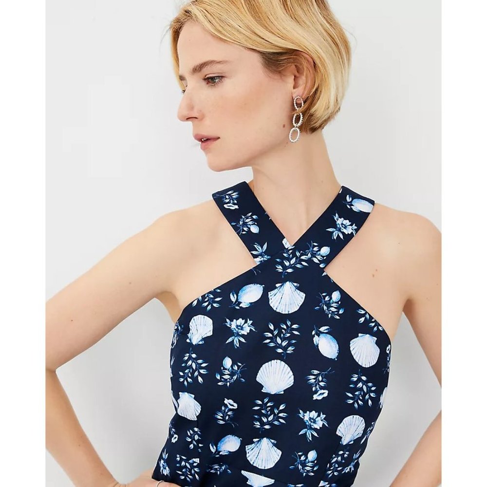 NEW Ann Taylor Shell Tile Halter Flare Dress Cotton Linen Blend Navy Women's 4 - Picture 3 of 3